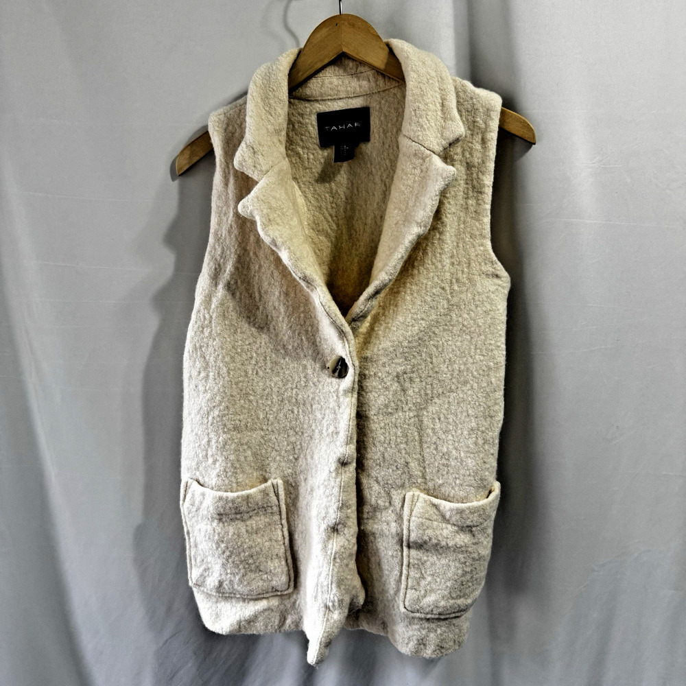 Tahari Tunic Vest Womens Medium Wool Blend Button Ivory Sweater Pocket Nubby